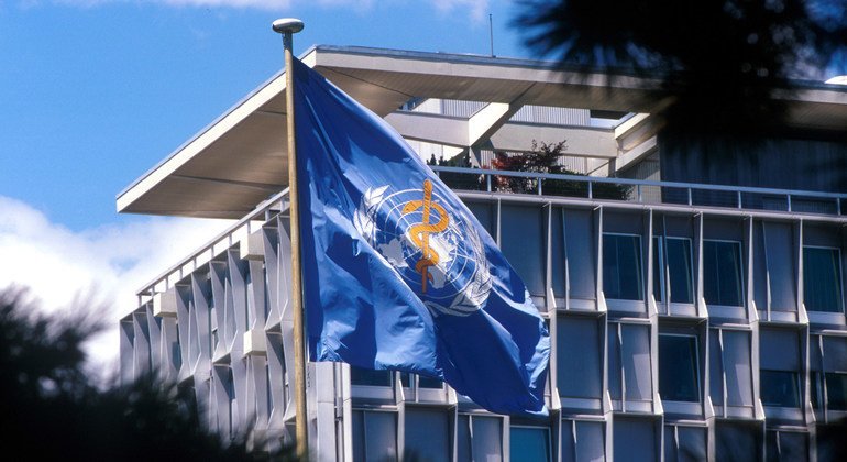 The flag of the UN World Health Organization (WHO) flies at its headquarters in Geneva, Switzerland.  